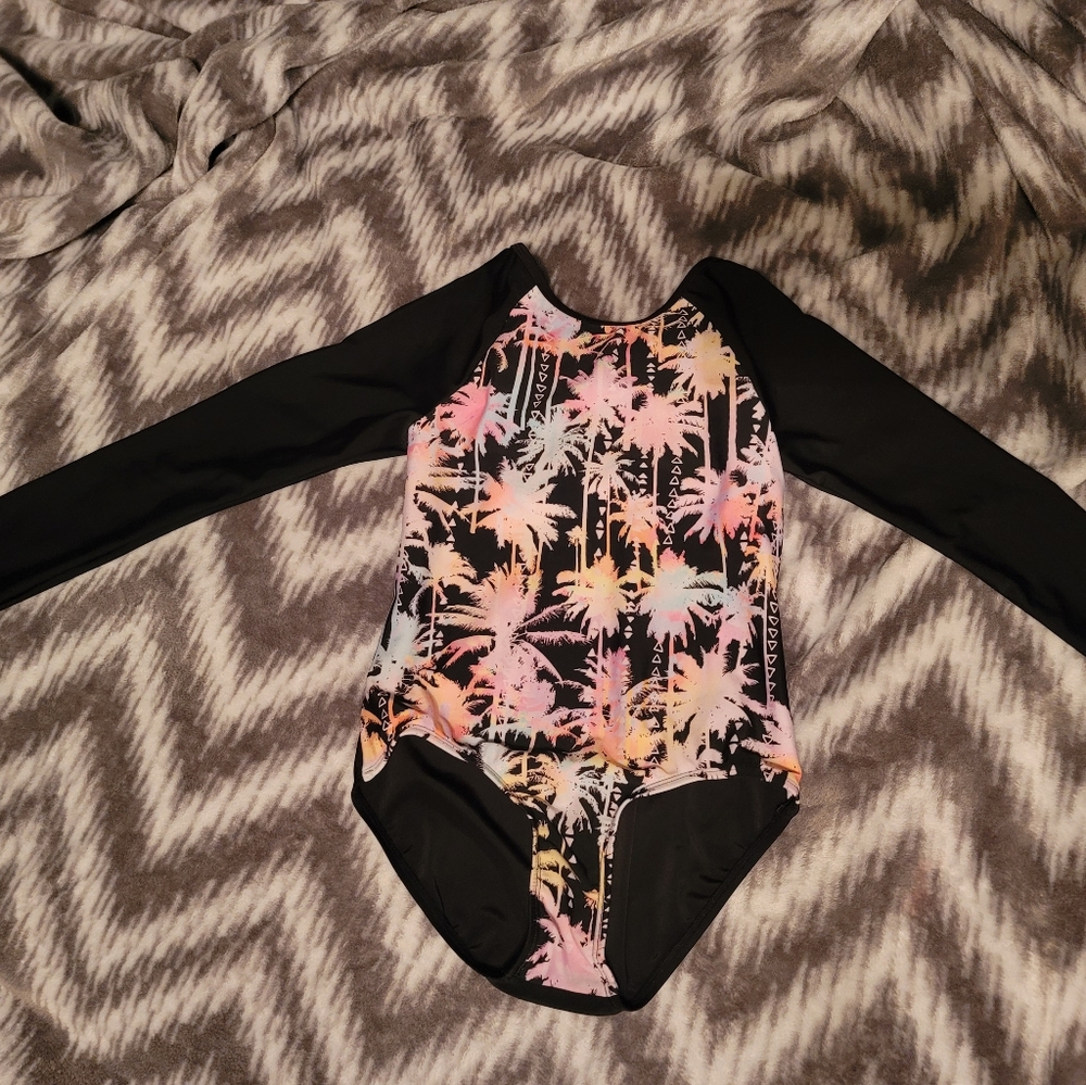 Girls black and multi colored long sleeve bathing suit